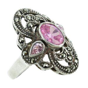 Faceted Oval Pink Quartz & Marcasite Antiqued Sterling Silver Ring Size 6